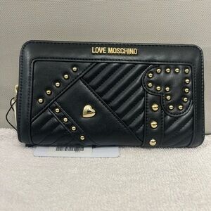 Love Moschino Black Gold Heart Studded Zip Wallet NWT